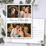 Wedding Photo Love and Thanks Script Thank You  Postcard<br><div class="desc">Modern, Elegant Hand Lettered Wedding Photo Collage Thank You Postard. Minimalist wedding thank you card template featuring three photo on the front and one photo on the back. With the text "Love and thanks" in a swirly hand lettered typography script font with swashes in black colour on white background. Little...</div>
