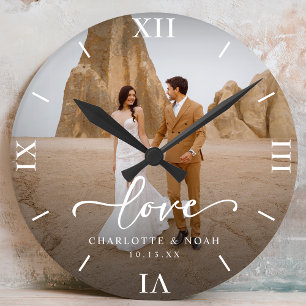 Wedding Photo Love Script Anniversary Round Clock