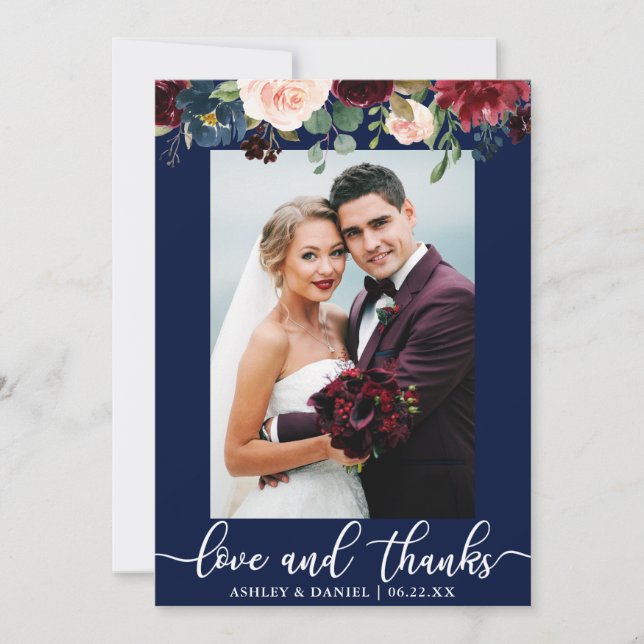 Wedding Photo Love Thanks Burgundy Floral Blue Thank You Card (Front)