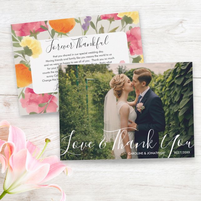 Wedding Photo Love & ThankYou Watercolor Flowers Thank You Card (Creator Uploaded)