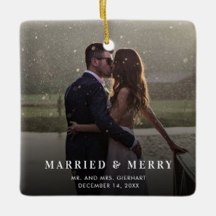 Wedding Photo Married & Merry Newlyweds Christmas Ceramic Ornament