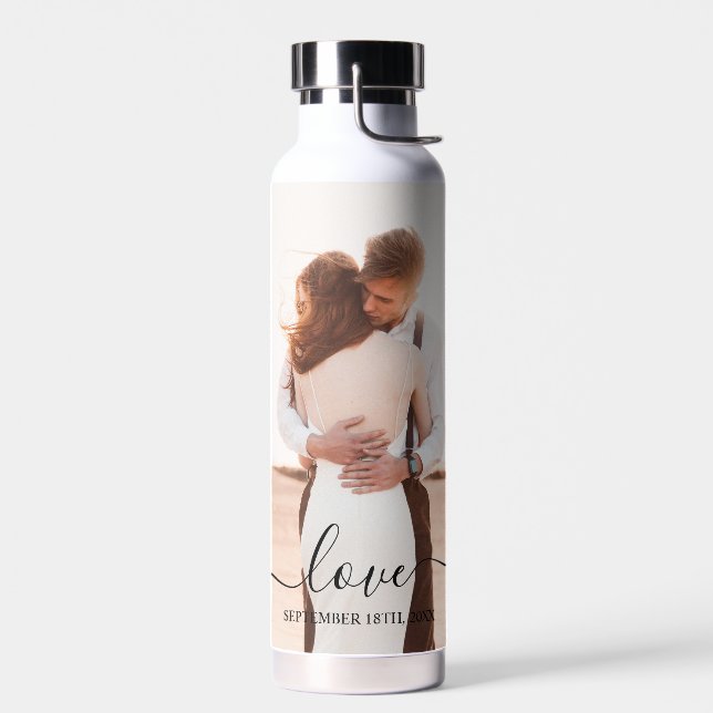 Wedding Photo Memory Love Script Anniversary  Water Bottle (Left)