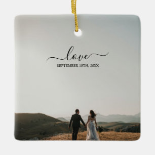 Wedding Photo Memory Love Script Wedding Ceramic Ornament