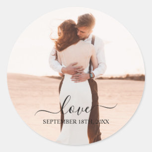 Wedding Photo Memory Love Script Wedding Classic Round Sticker