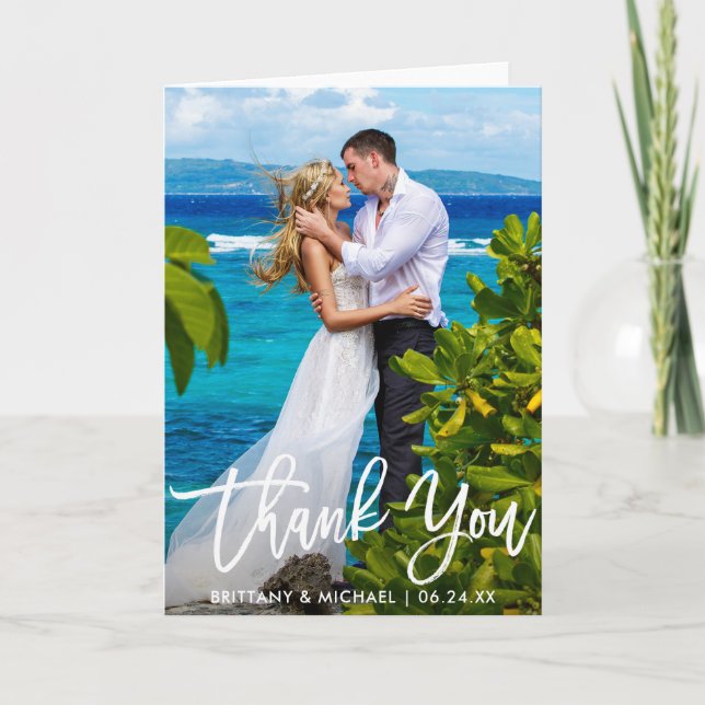 Wedding Photo Modern Brush Script Fold Thank You Card (Front)
