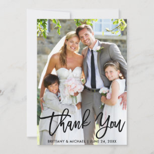Wedding Photo Modern Brush Script Thank You Card