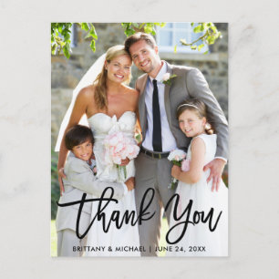 Wedding Photo Modern Brush Script Thank You Postcard