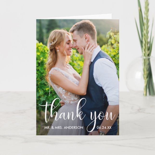 Wedding Photo Modern Calligraphy Script Fold Thank You Card (Front)