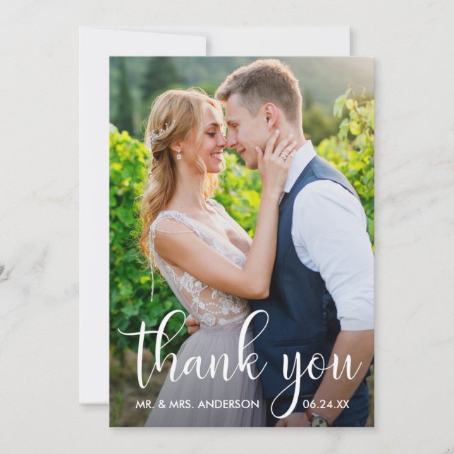 Wedding Photo Modern Calligraphy Script Thank You Card (Front)