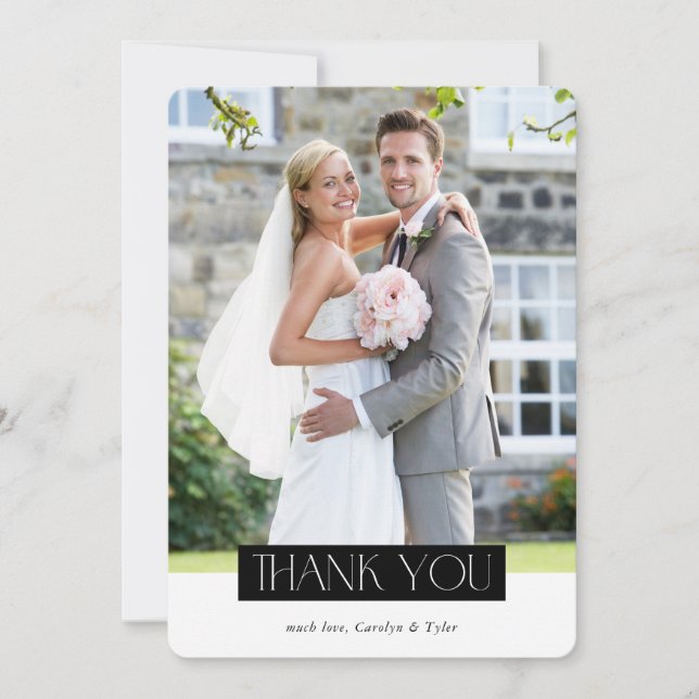 WEDDING PHOTO modern chic serif black white block Thank You Card (Front)