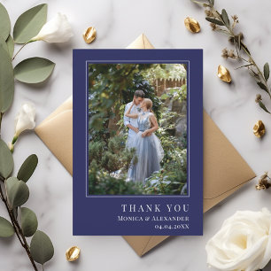 Wedding photo modern simple navy blue thank you card