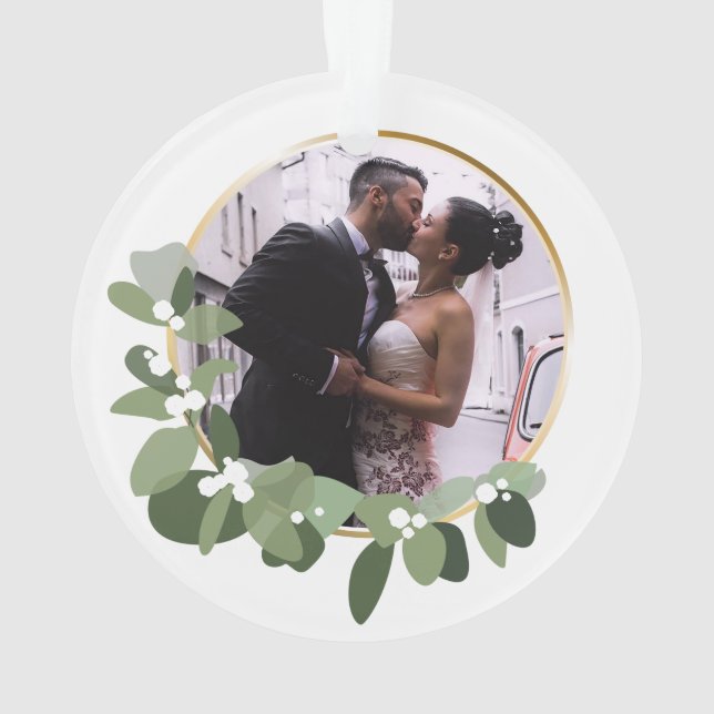 Wedding Photo | Monogram First Christmas Wreath Ornament (Back)