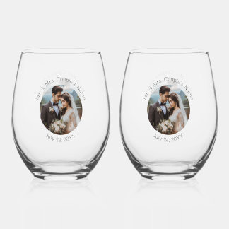 Wedding Photo Mr. and Mrs. Personalised Elegant Stemless Wine Glass