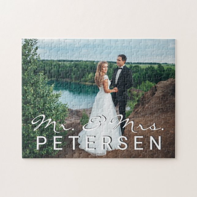 Wedding photo Mr and Mrs typography script name Jigsaw Puzzle (Horizontal)