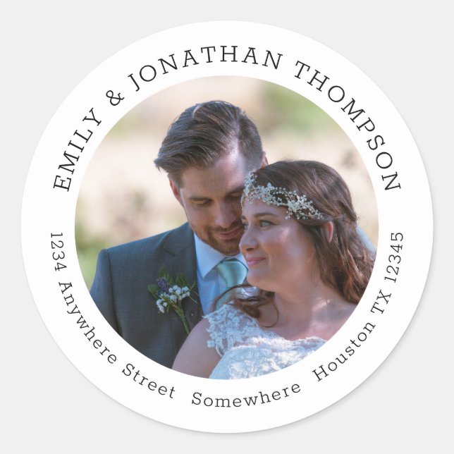 Wedding Photo Newlyweds Return Name Address Classic Round Sticker (Front)