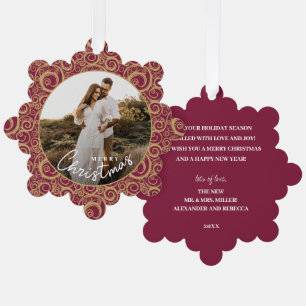 Wedding Photo on Gold Swirl Cranberry Christmas  Tree Decoration Card