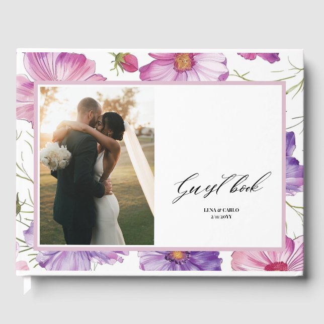 Wedding Photo Pink Purple Floral Wedding Guest Book (Front)