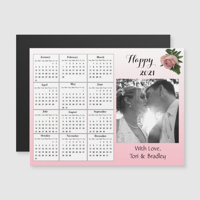Wedding Photo Pink Roses Mini 2021 Calendar Magnetic Invitation (Front/Back)