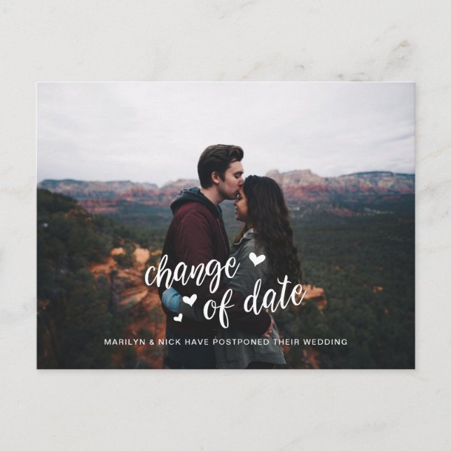 Wedding Photo Postponement, Cute Change of Date Postcard (Front)