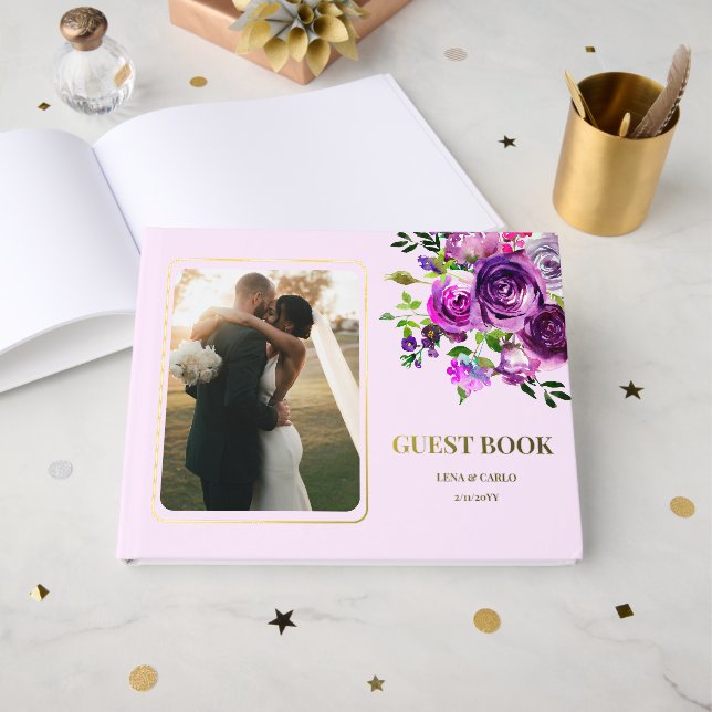 Wedding Photo Purple Floral Wedding Guest Book (Front Open)