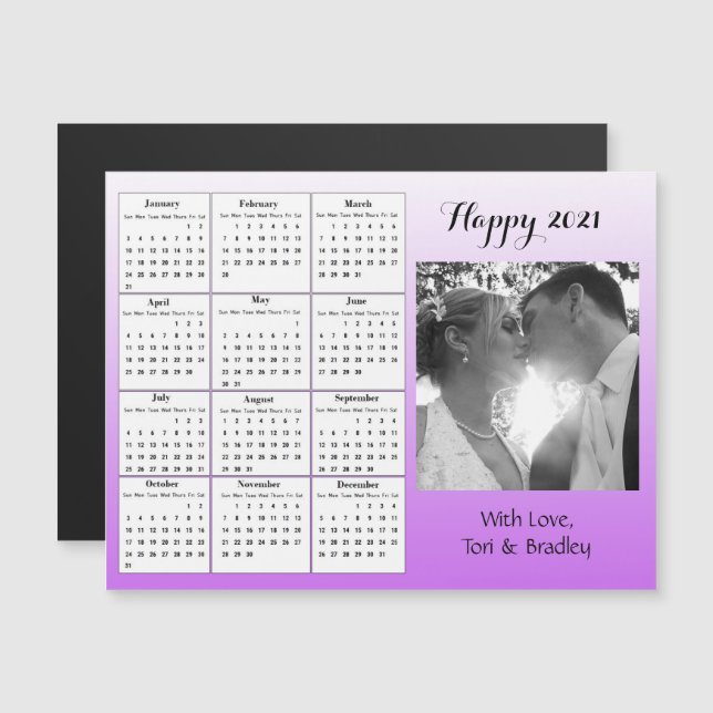 Wedding Photo Purple Gradient  Mini 2021 Calendar Magnetic Invitation (Front/Back)