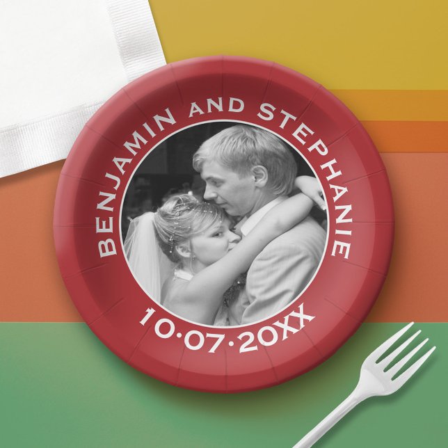 Wedding Photo - red border - modern minimal Paper Plate (Custom Paper Plate)