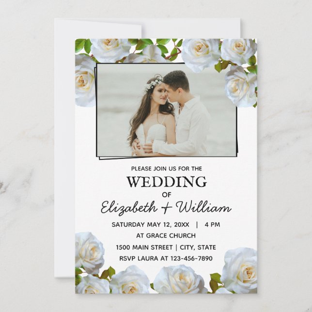 Wedding Photo Romantic White Flowers Invitation (Front)