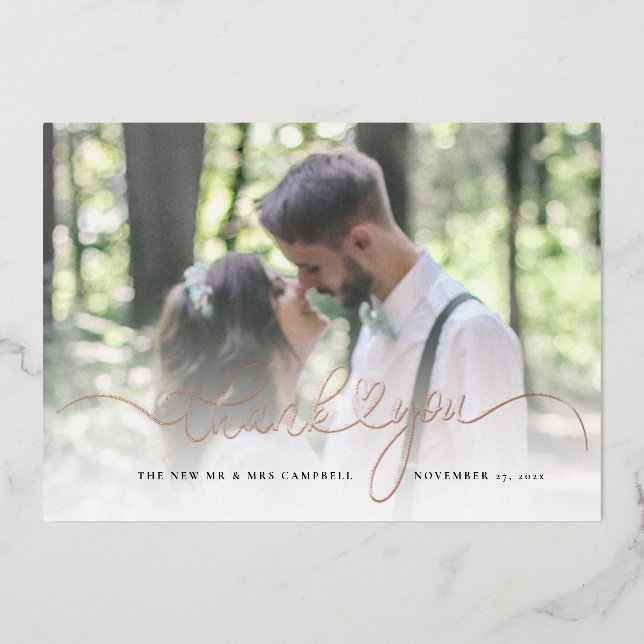 Wedding Photo Rose Gold Foil Thank You Card (Front)