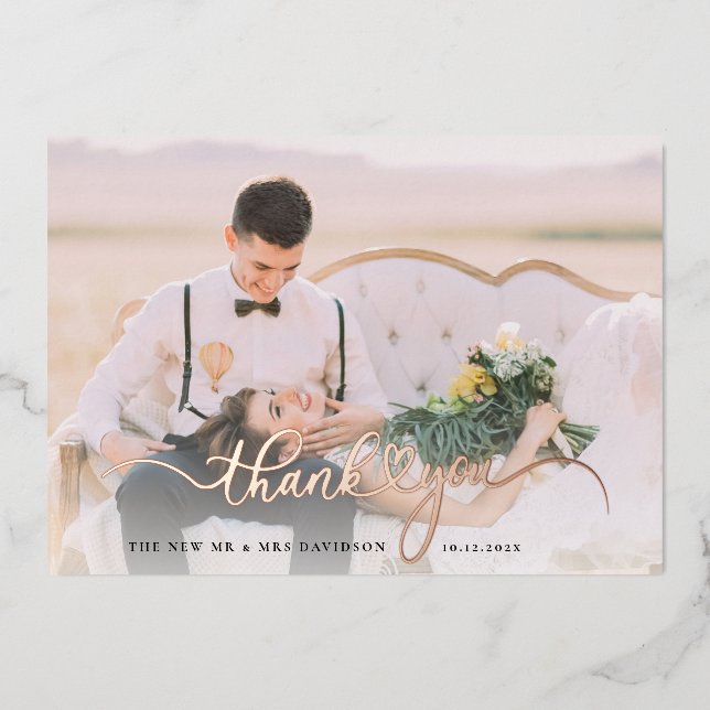 Wedding Photo Rose Gold Foil Thank You Card (Front)