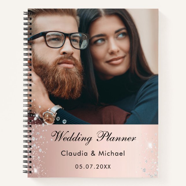 Wedding photo rose gold glitter bride  notebook (Front)