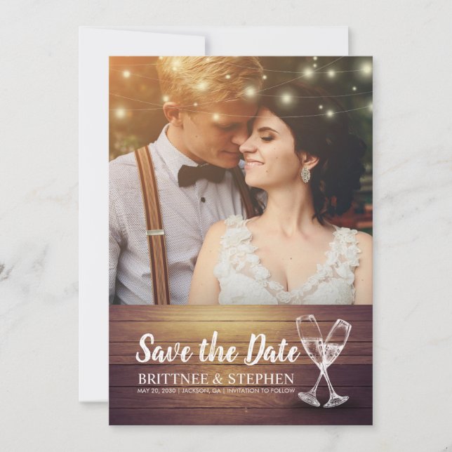 Wedding Photo Save The Date Champagne Glasses Wood (Front)