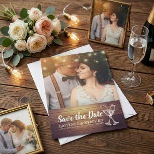 Wedding Photo Save The Date Champagne Glasses Wood