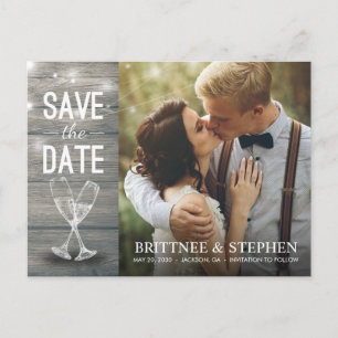 Wedding Photo Save The Date Champagne Glasses Wood Postcard