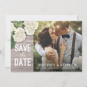 Wedding Photo Save The Date Hydrangeas Lights Wood