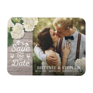 Wedding Photo Save The Date Hydrangeas Lights Wood Magnet