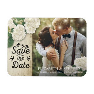 Wedding Photo Save The Date Hydrangeas Lights Wood Magnet