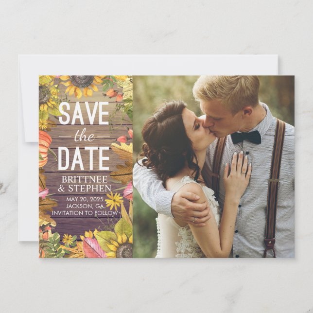 Wedding Photo Save The Date Maple Leaves Pumpkins (Front)