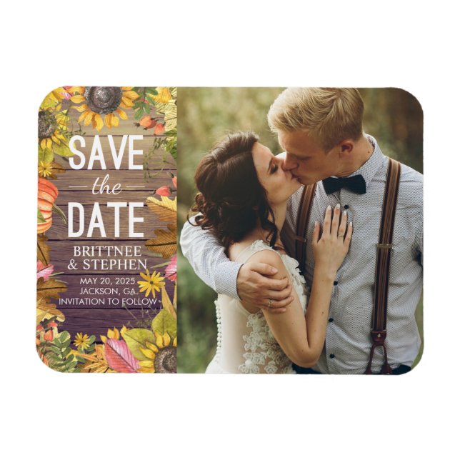 Wedding Photo Save The Date Maple Leaves Pumpkins Magnet (Horizontal)