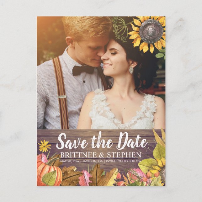Wedding Photo Save The Date Maple Leaves Pumpkins Postcard (Front)