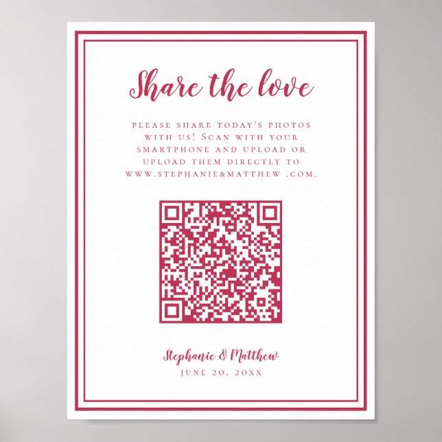 Wedding Photo Share The Love QR Scan Code Magenta Poster (Front)
