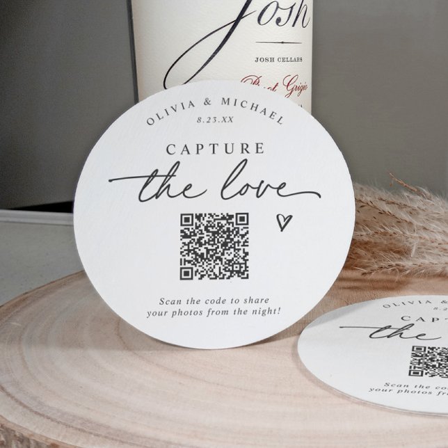 Wedding Photo Sharing QR Code Handwriting Round Paper Coaster (Personalized QR code coaster for wedding guests to upload photos to your gallery.)