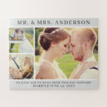 Wedding Photo Shoot Collage | Three Picture Jigsaw Puzzle<br><div class="desc">A newlywed photo puzzle that features three (3) favourite photos from the wedding in a modern photo grid collage. Personalise with custom text for your Mr. & Mrs. married name, a custom quote, and the wedding date. A perfect keepsake gift for the newly married couple. Upload two square shaped photos...</div>