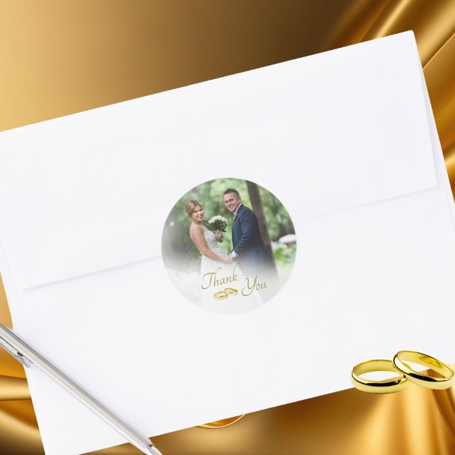  Wedding Photo Simple Gold Rings Thank You  Classic Round Sticker (Creator Uploaded)