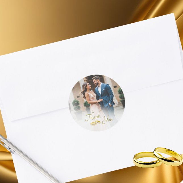  Wedding Photo Simple Gold Rings Thank You  Classic Round Sticker (Creator Uploaded)