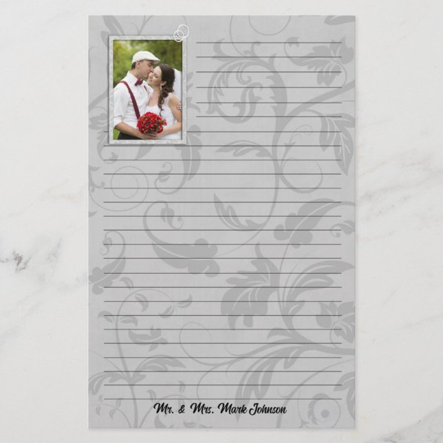 Wedding Photo Taupe Damask Wedding Lined Stationery (Front)