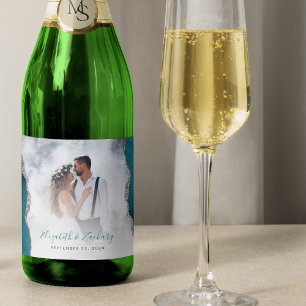 Wedding Photo Teal Blue Silver Agate Sparkling Wine Label