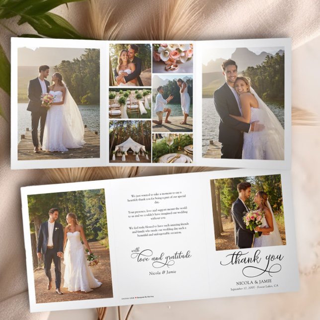 Wedding Photo Thank You 10 Pic Elegant Calligraphy Tri-Fold Card (Wedding photo thank you tri-fold card with elegant calligraphy by Darling & May)