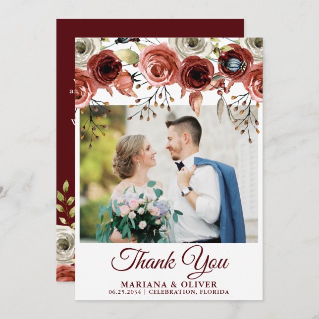 Wedding Photo Thank You Card Autumn Mix Floral (Front/Back)