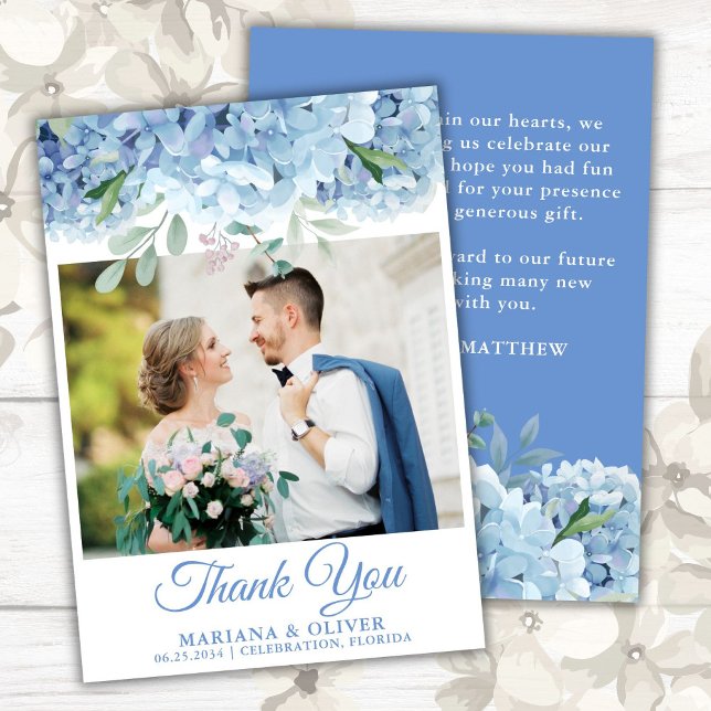 Wedding Photo Thank You Card Blue Hydrangea Floral (Creator Uploaded)