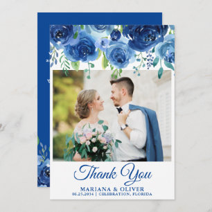 Wedding Photo Thank You Card Navy Blue Floral